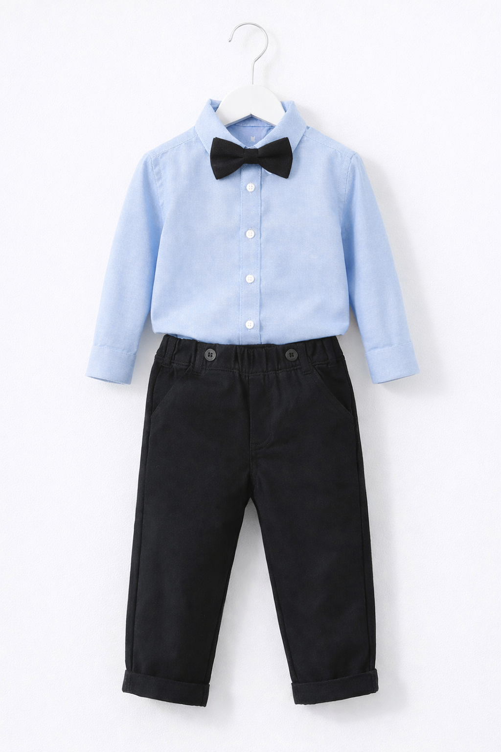 Boys Light Blue Formal Outfit Set – Dress Shirt, Bow Tie & Black Pants – MBS Kids