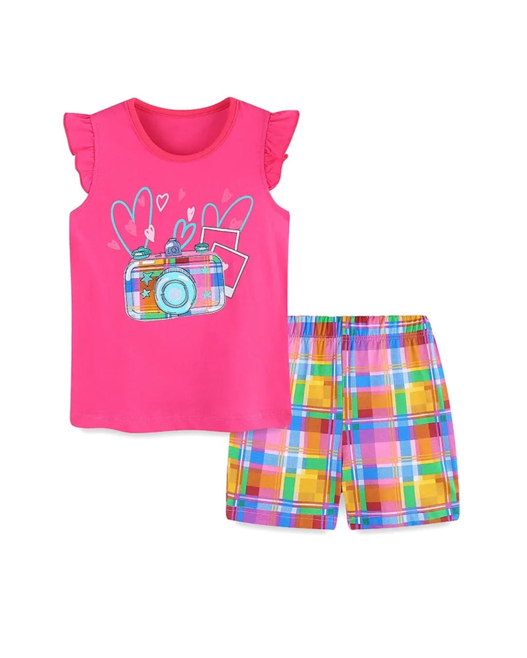 Girls Pink Camera Graphic Top & Rainbow Plaid Shorts Set – 2 Piece Outfit