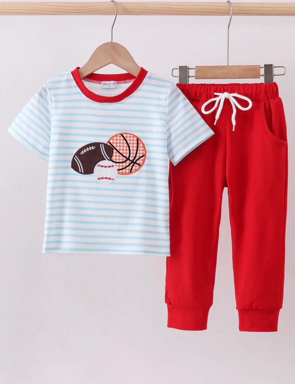 Boys Blue Stripe Sports Outfit Set | Baby boy Appliqué Shirt & Red Pants Set (18M)