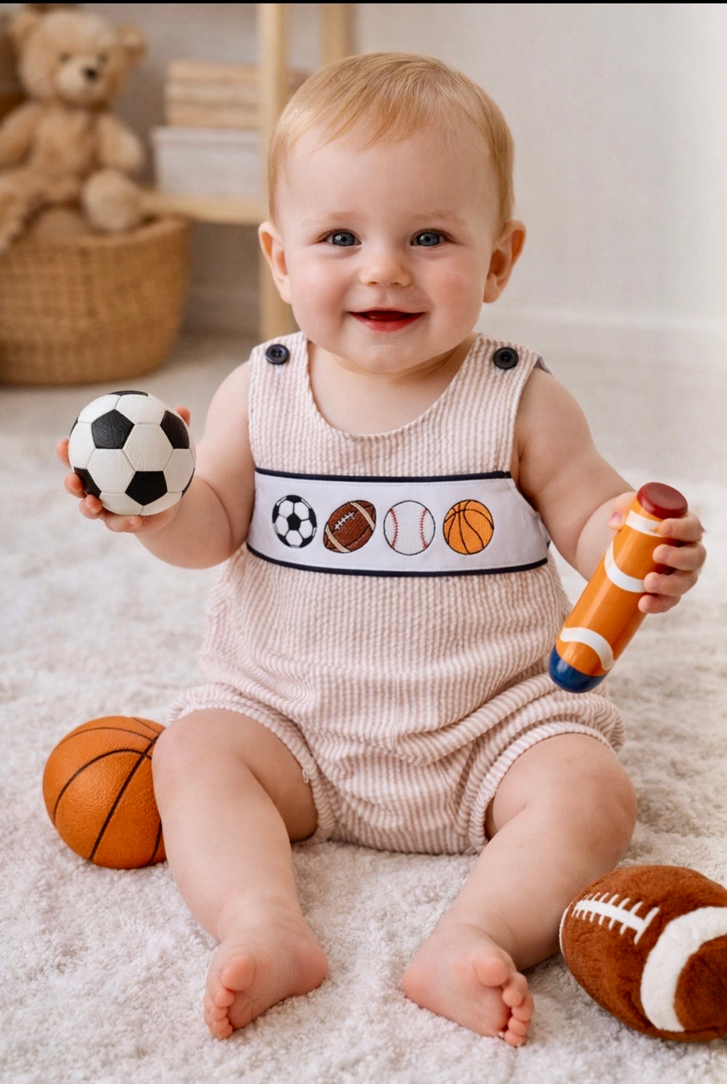 Boys Stripe Seersucker Game Day Sport Embroidery Bubble Romper|MBS Kids USA