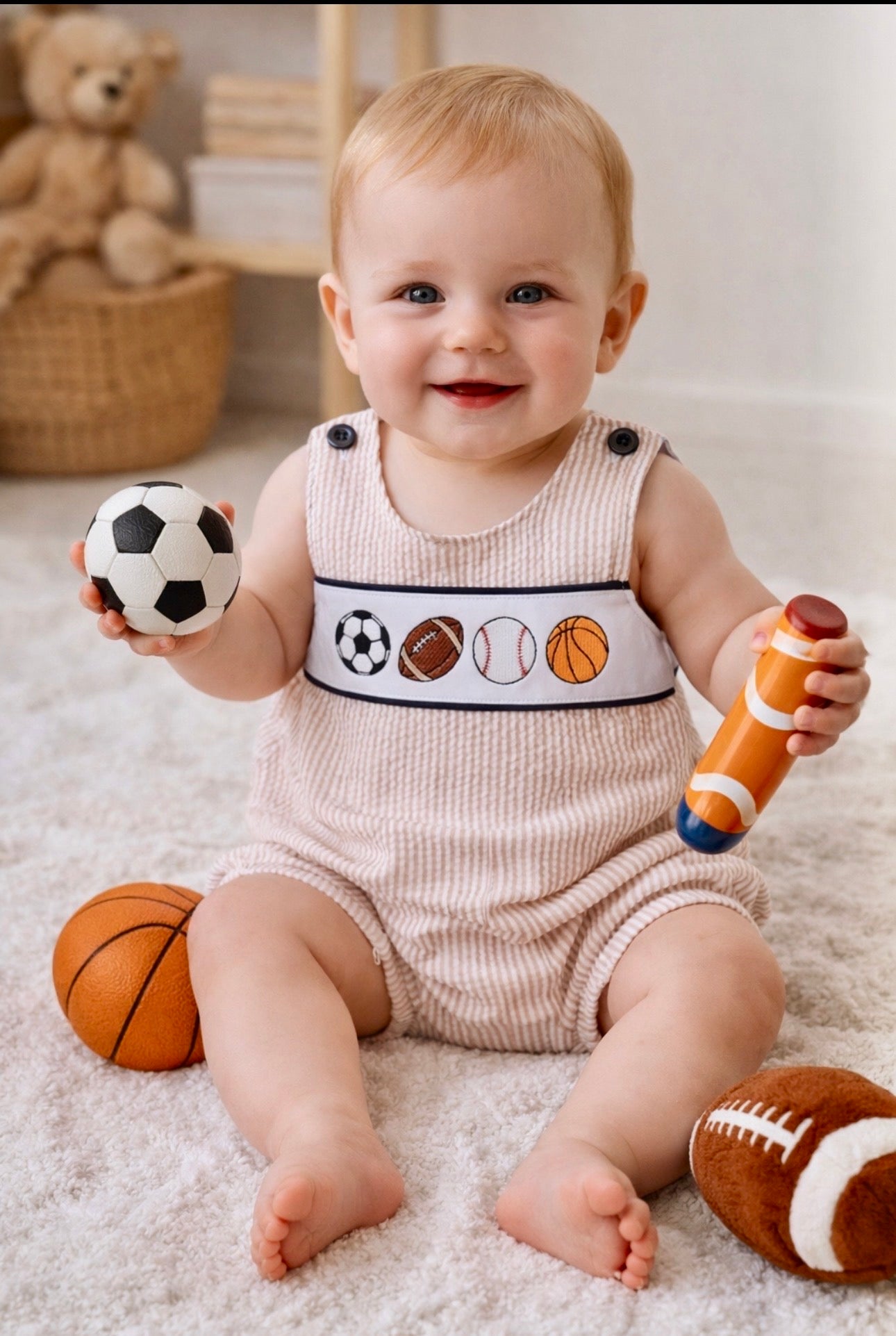 Boys Stripe Seersucker Game Day Sport Embroidery Bubble Romper|MBS Kids USA