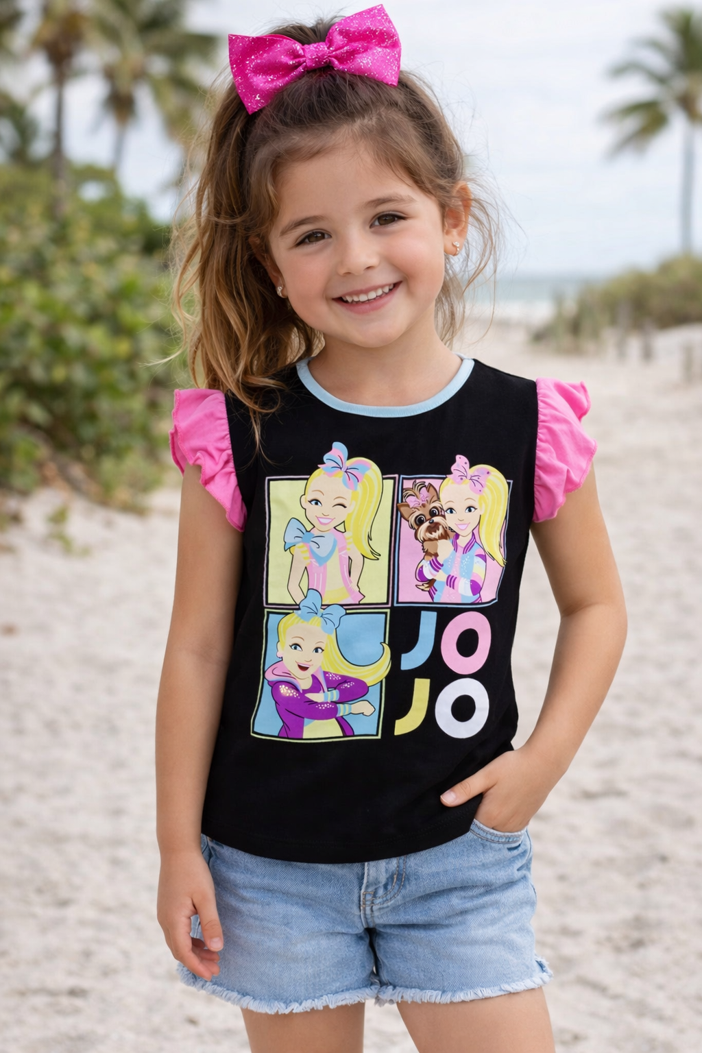 JoJo Inspired Girls Ruffle Sleeve T-Shirt – Black | Cute Cartoon Graphic Tee