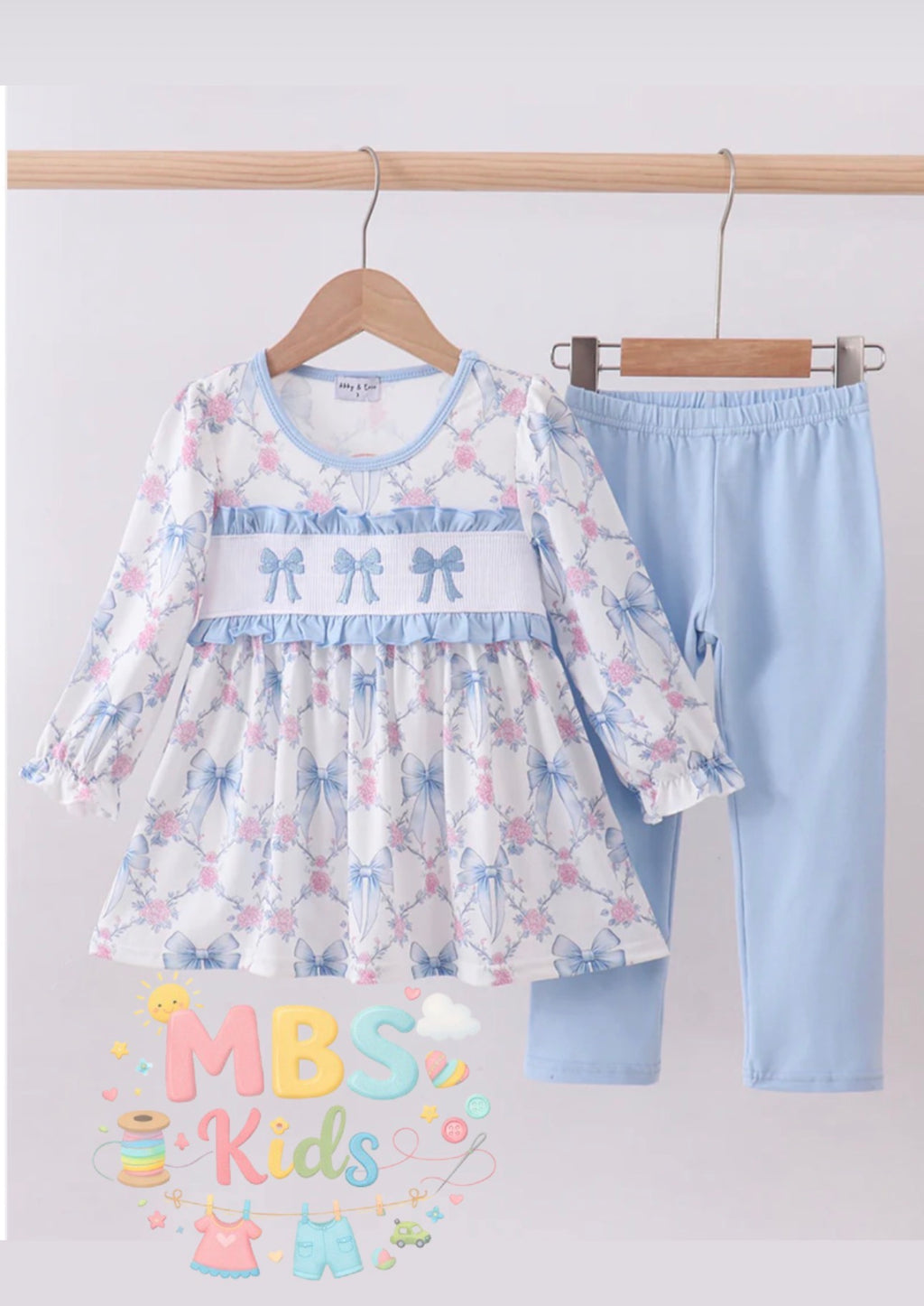 Girls floral tunic with bow details and light blue pants – boutique spring outfit for toddlers | MBS Kids USA