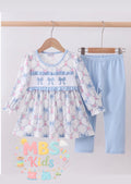 Girls floral tunic with bow details and light blue pants – boutique spring outfit for toddlers | MBS Kids USA