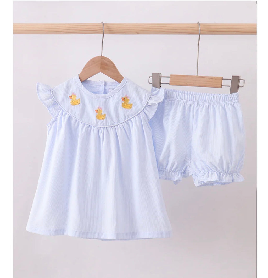 Girls Blue Duck Embroidery Stripe Ruffle Set | MBS Kids USA