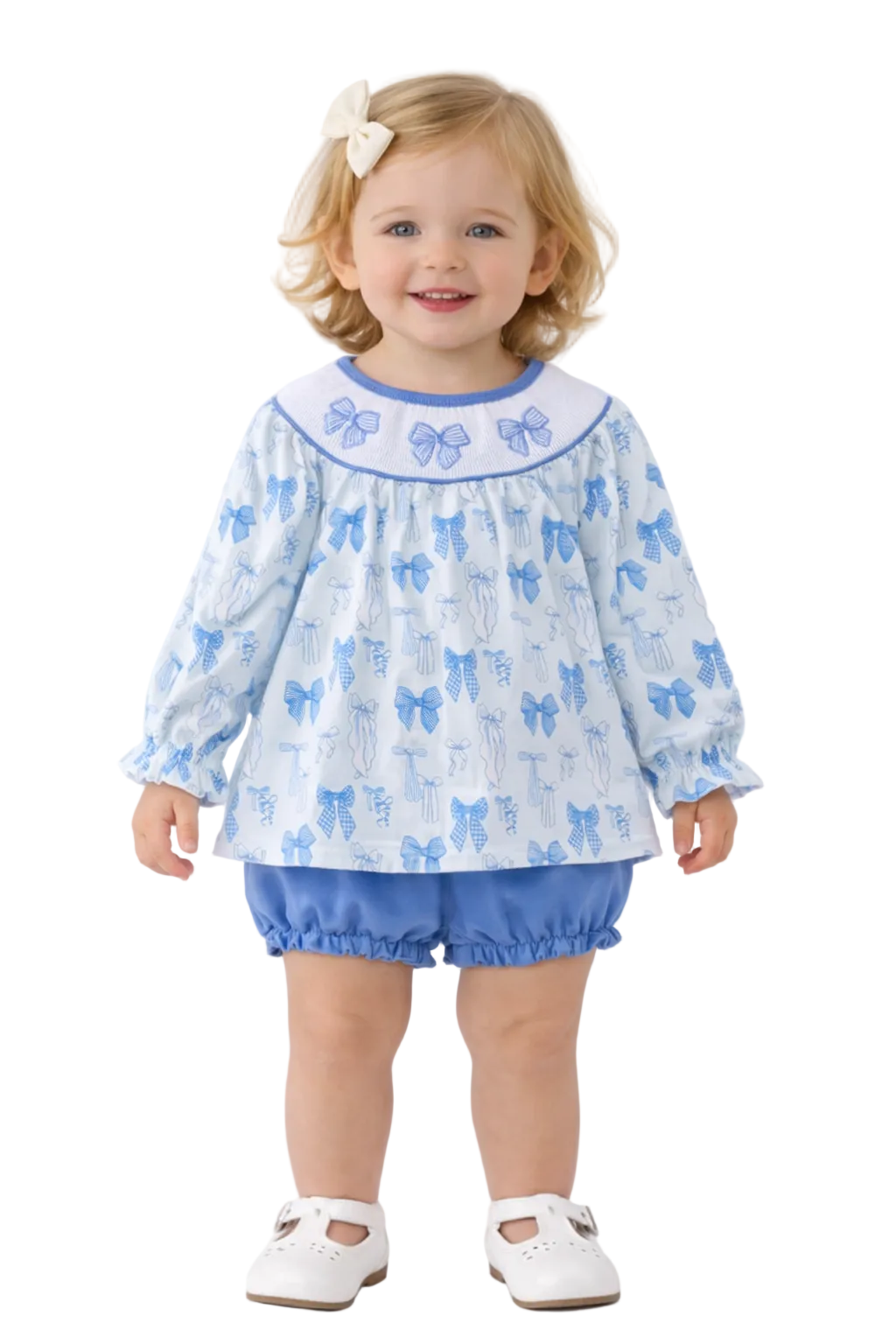 Baby Girls Blue Bow Smocked Bloomer Set | MBS Kids USA