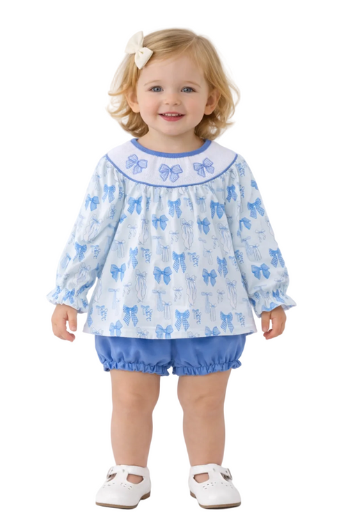 Baby Girls Blue Bow Smocked Bloomer Set | MBS Kids USA