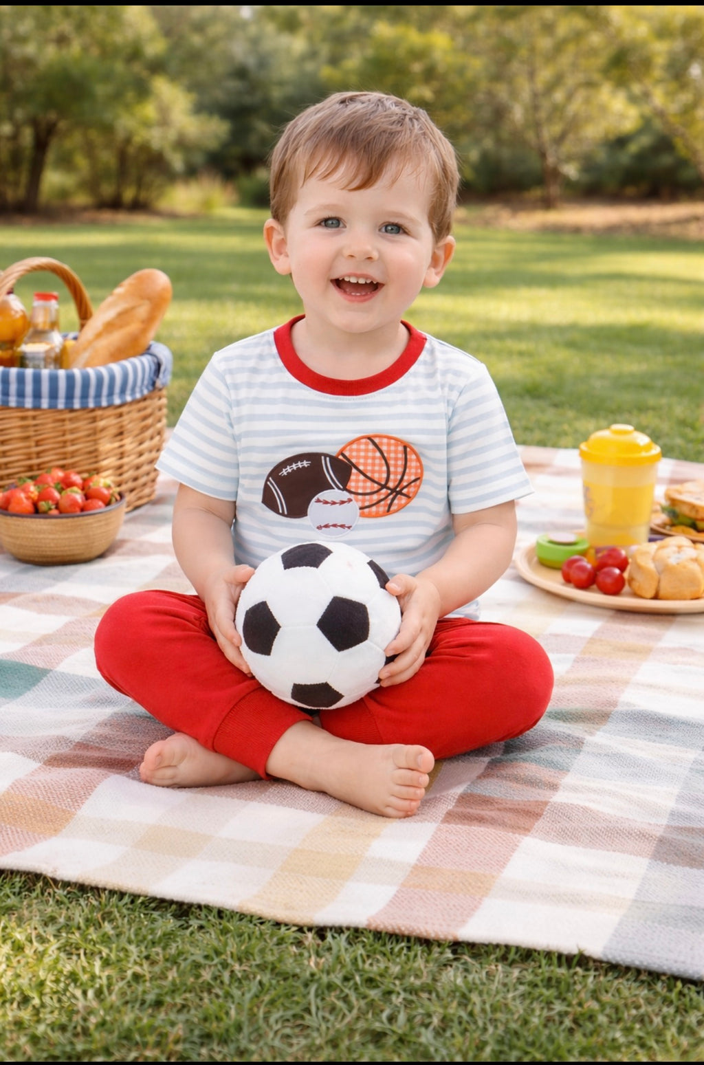 Boys Blue Stripe Sports Outfit Set | Baby boy Appliqué Shirt & Red Pants Set (18M)