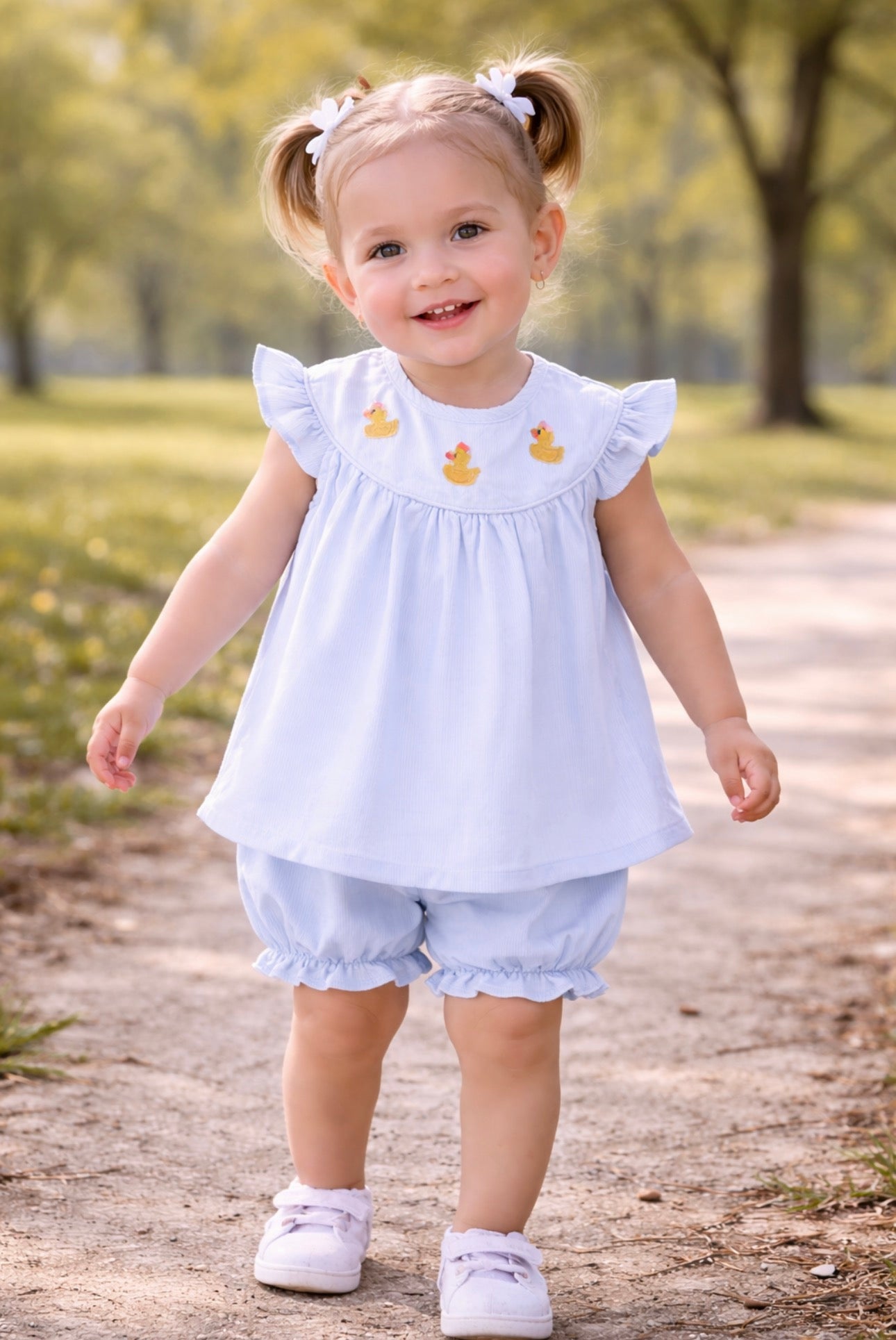 Girls Blue Duck Embroidery Stripe Ruffle Set | MBS Kids USA