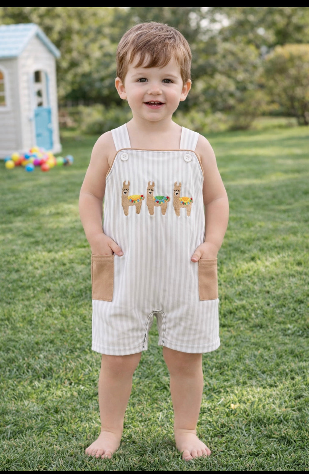 Boys Brown Alpaca Embroidery Jonjon Romper | MBS Kids USA