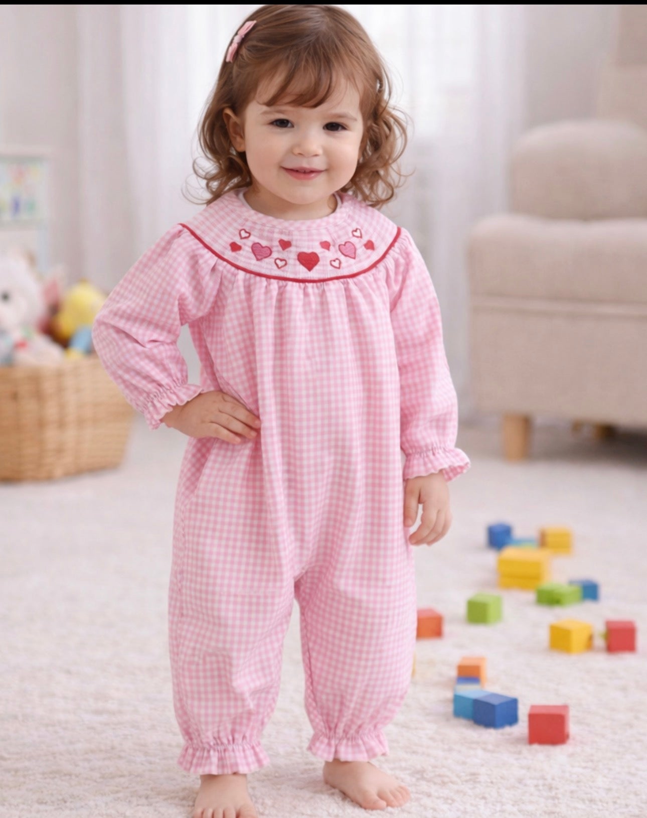 Baby Girls Pink Heart Smocked Gingham Romper | MBS Kids USA