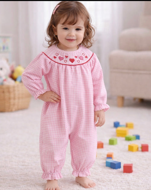 Baby Girls Pink Heart Smocked Gingham Romper