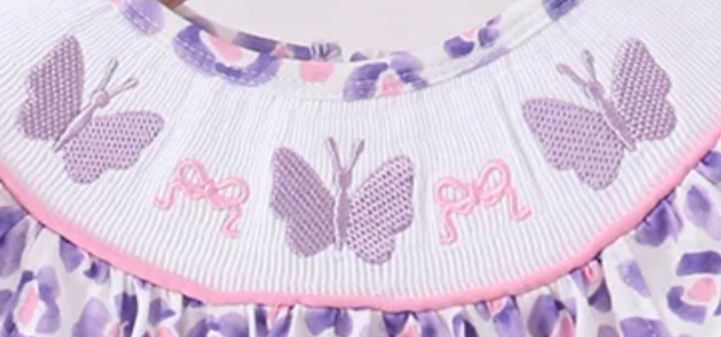 Girls Purple Leopard Butterfly Smocked Bubble | MBS Kids USA
