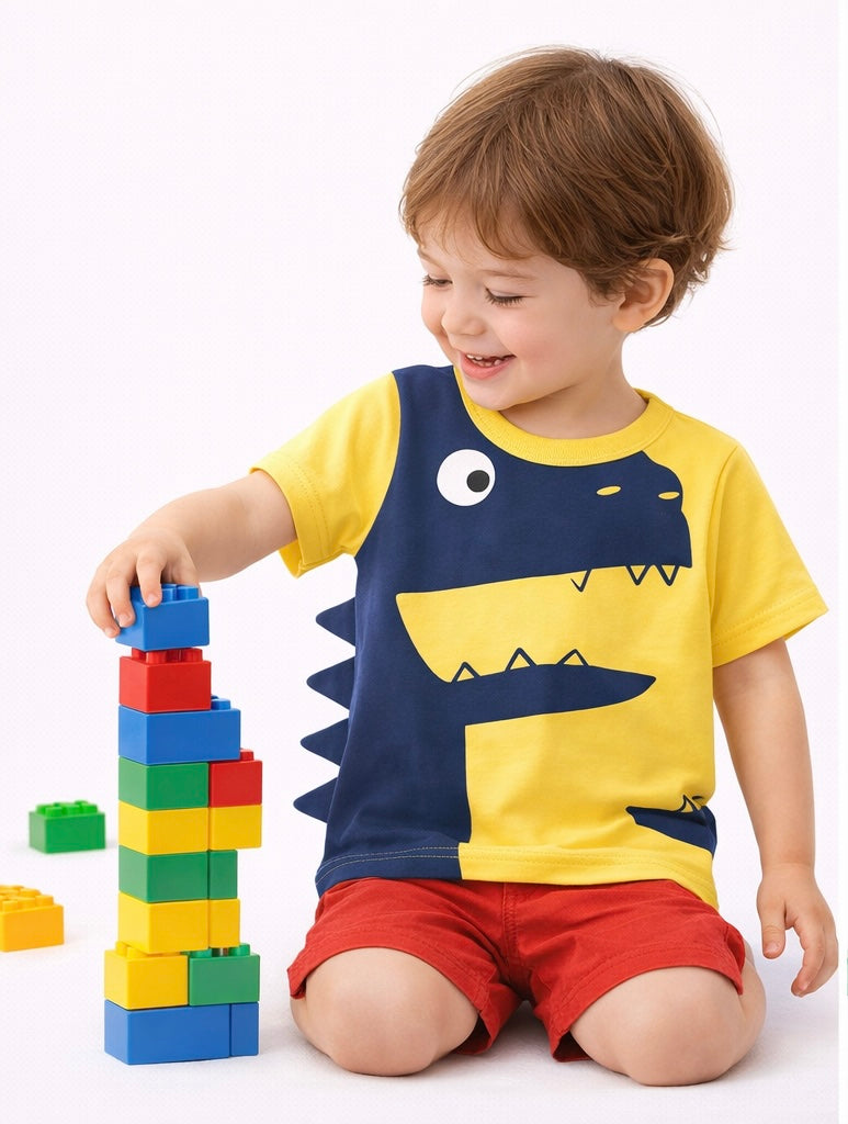 3D Dino Graphic T-Shirt for Boys (Yellow & Blue) | MBS Kids USA