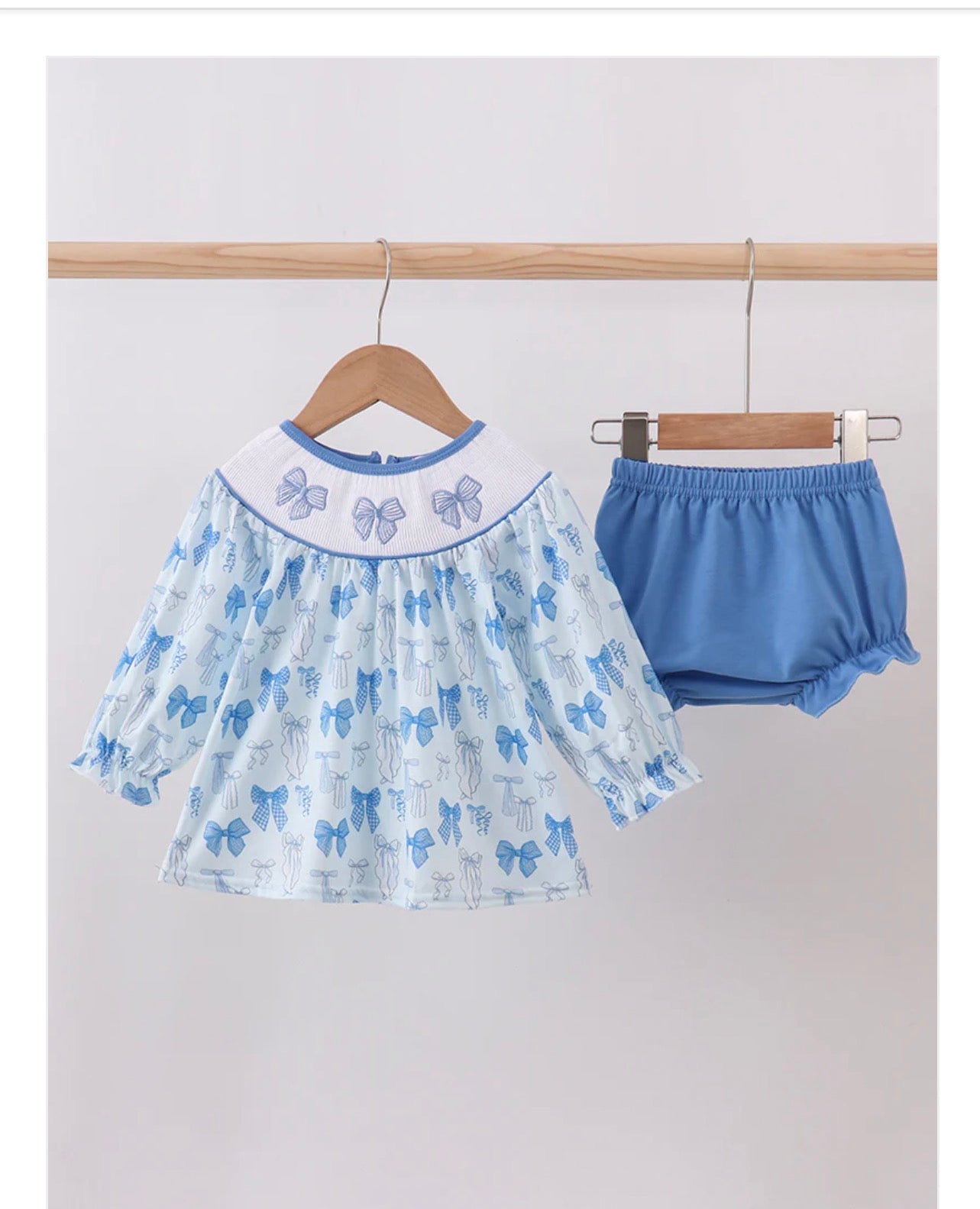 Baby Girls Blue Bow Smocked Bloomer Set | MBS Kids USA