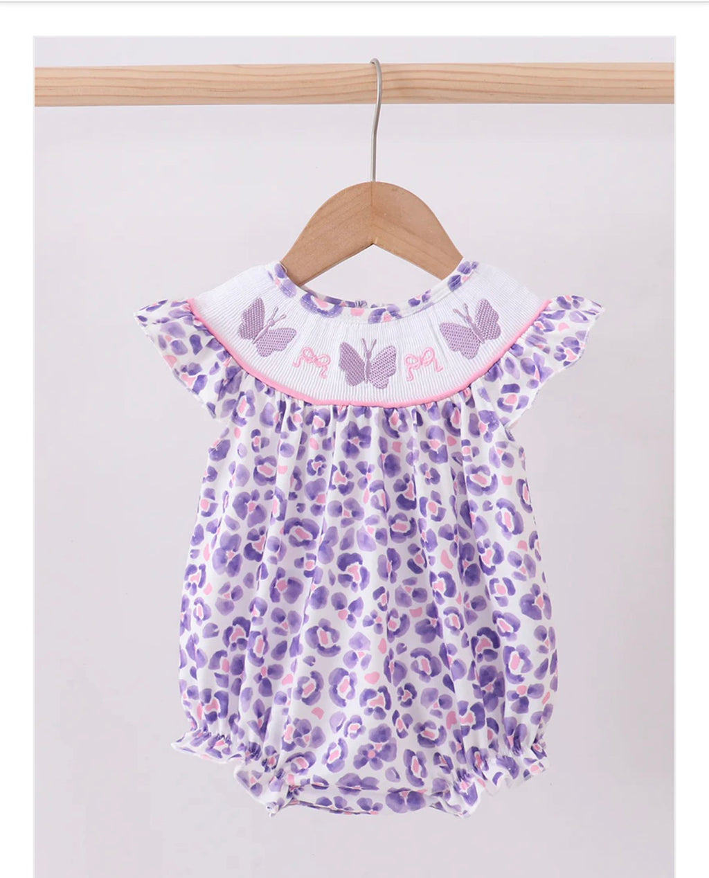 Girls Purple Leopard Butterfly Smocked Bubble | MBS Kids USA