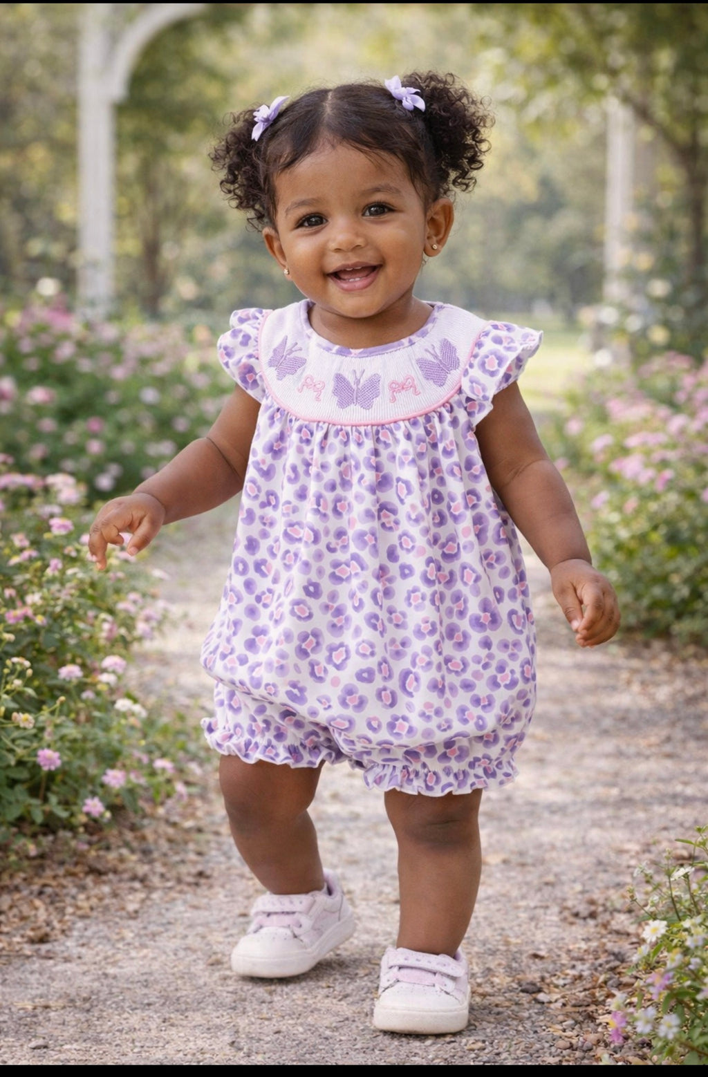 Girls Purple Leopard Butterfly Smocked Bubble | MBS Kids USA