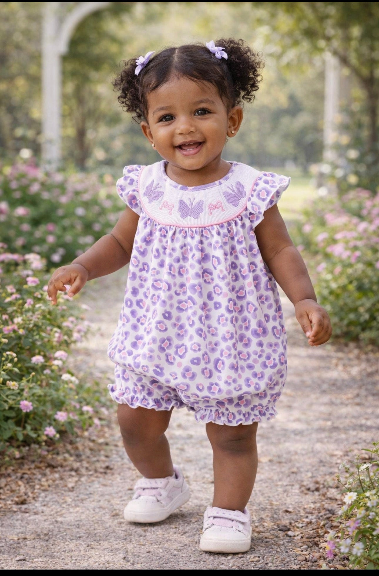 Girls Purple Leopard Butterfly Smocked Bubble | MBS Kids USA