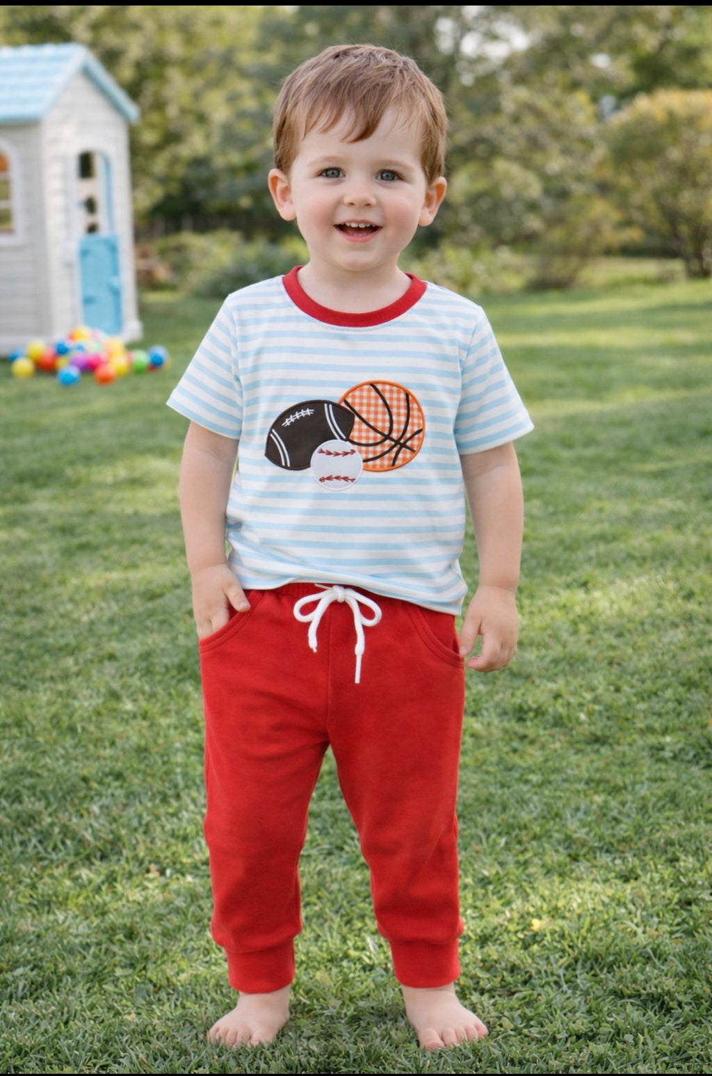 Boys Blue Stripe Sports Outfit Set | Baby boy Appliqué Shirt & Red Pants Set (18M)