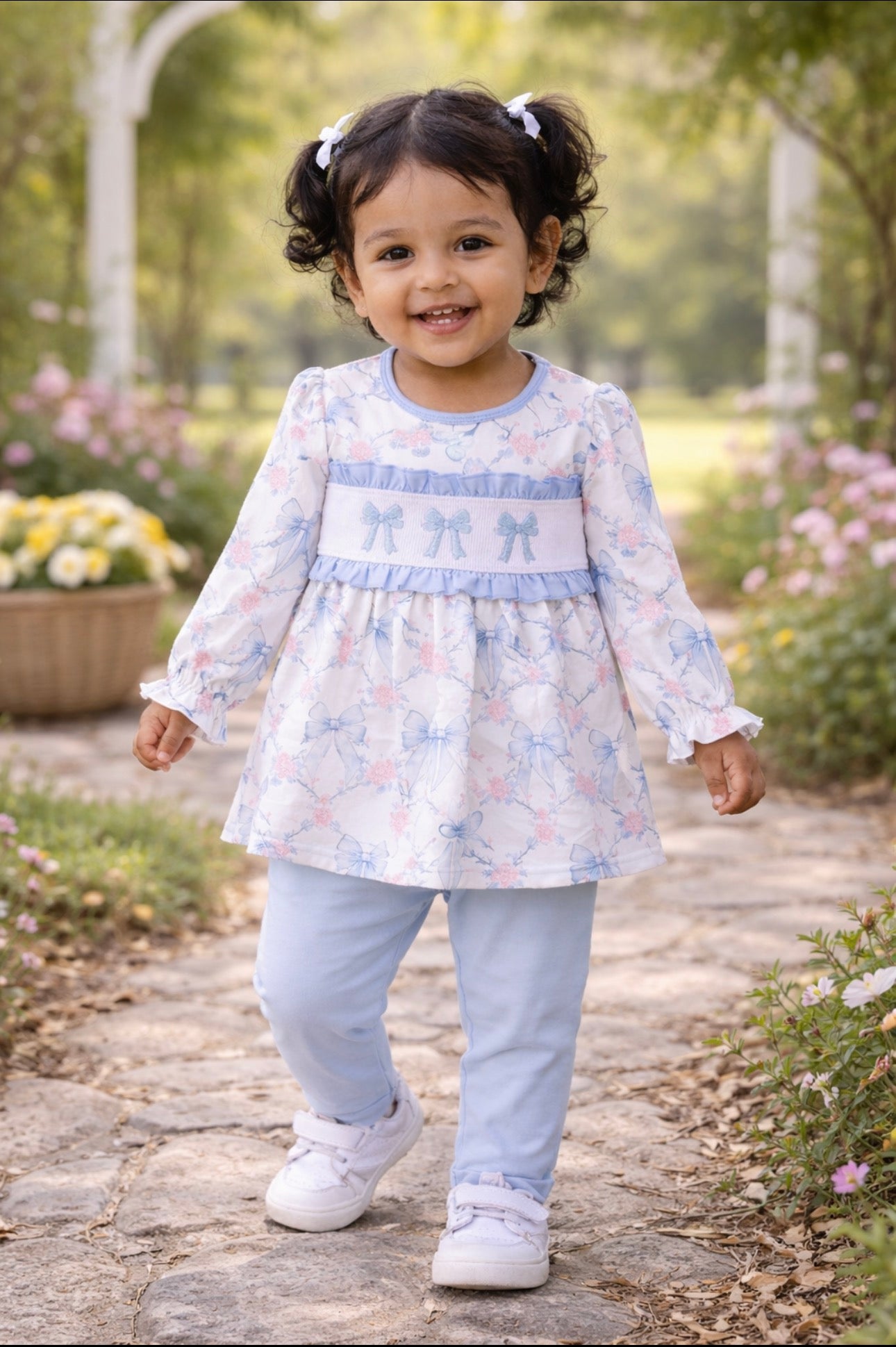 Girls floral tunic with bow details and light blue pants – boutique spring outfit for toddlers | MBS Kids USA