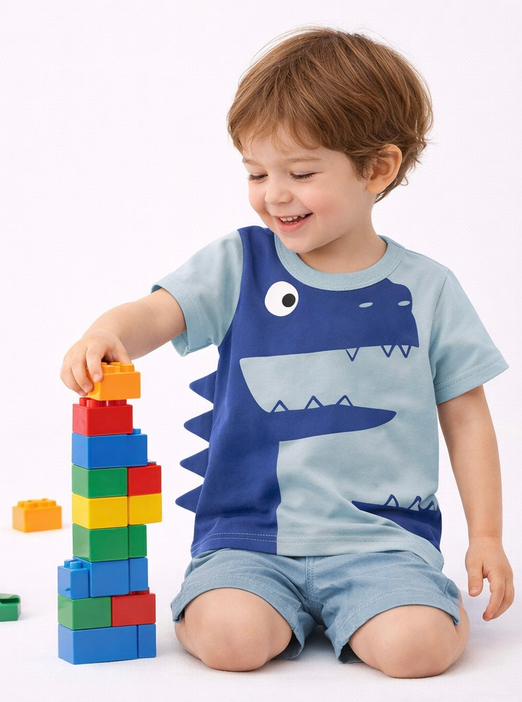 3D Dino Graphic T-Shirt for Boys (Yellow & Blue) | MBS Kids USA