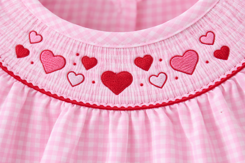 Baby Girls Pink Heart Smocked Gingham Romper | MBS Kids USA