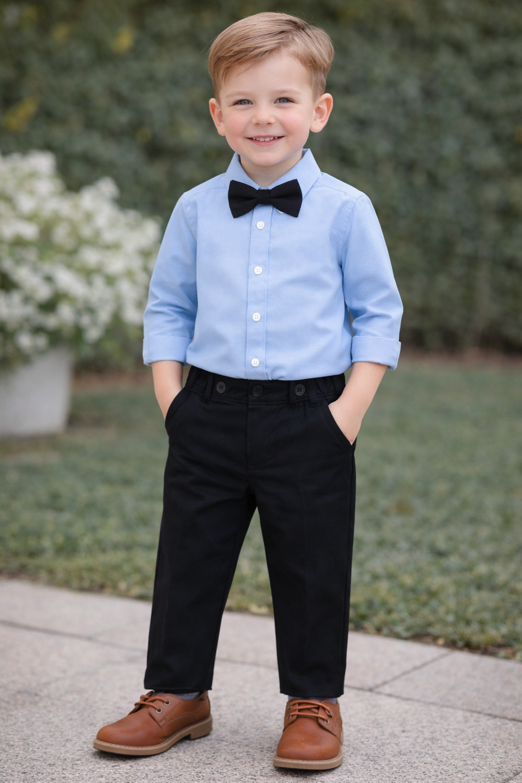 Boys Light Blue Formal Shirt Set with Bow Tie & Black Pants | MBS Kids USA