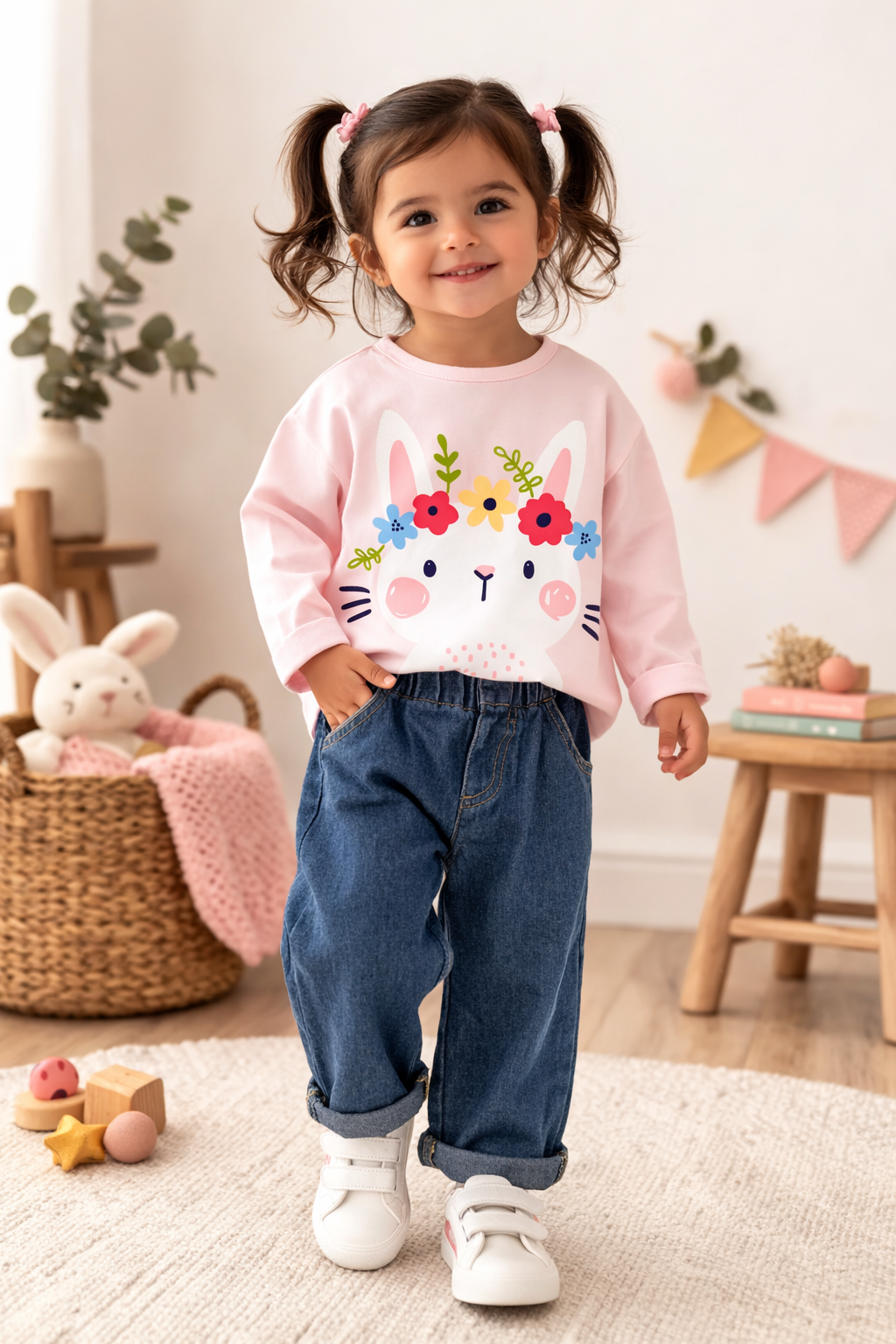 Pink Bunny Long Sleeve Shirt for Toddler Girl | Spring Easter Top 2T–3T
