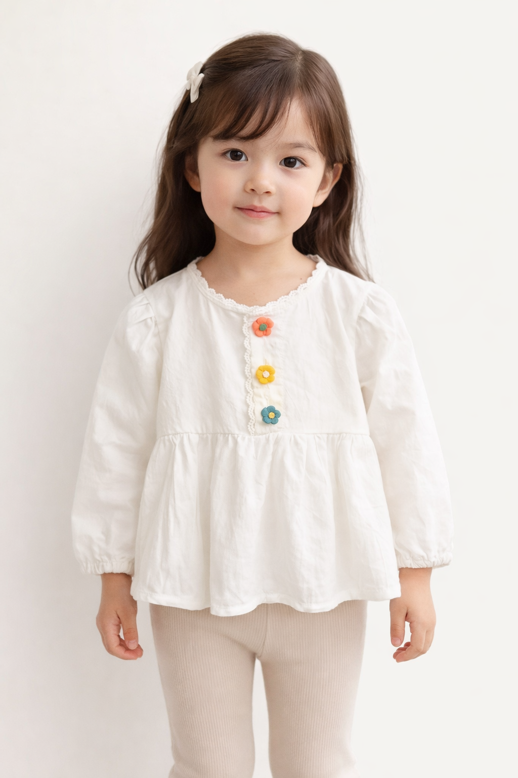White Button-Up Blouse for Girls | Long Sleeve Toddler & Kids Top (3–4 Years)