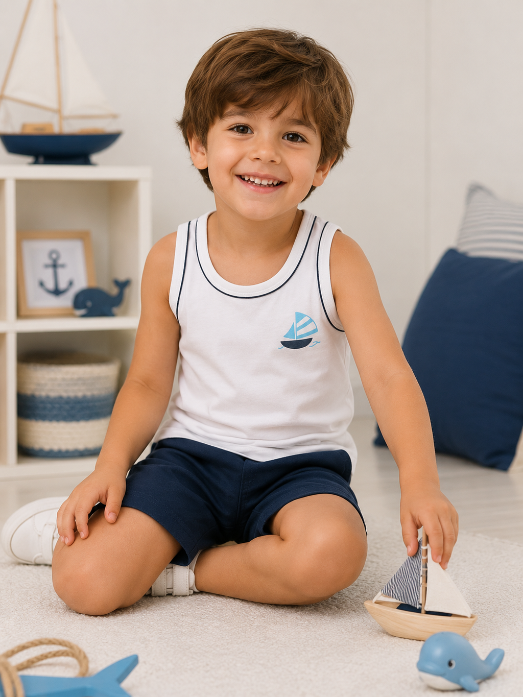 Sailboat Toddler Boy Tank Top – White Summer Sleeveless Shirt