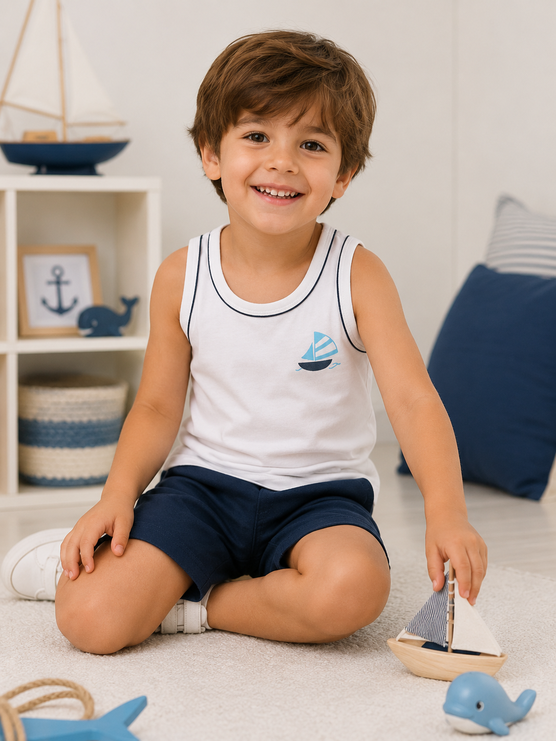 Sailboat Toddler Boy Tank Top – White Summer Sleeveless Shirt