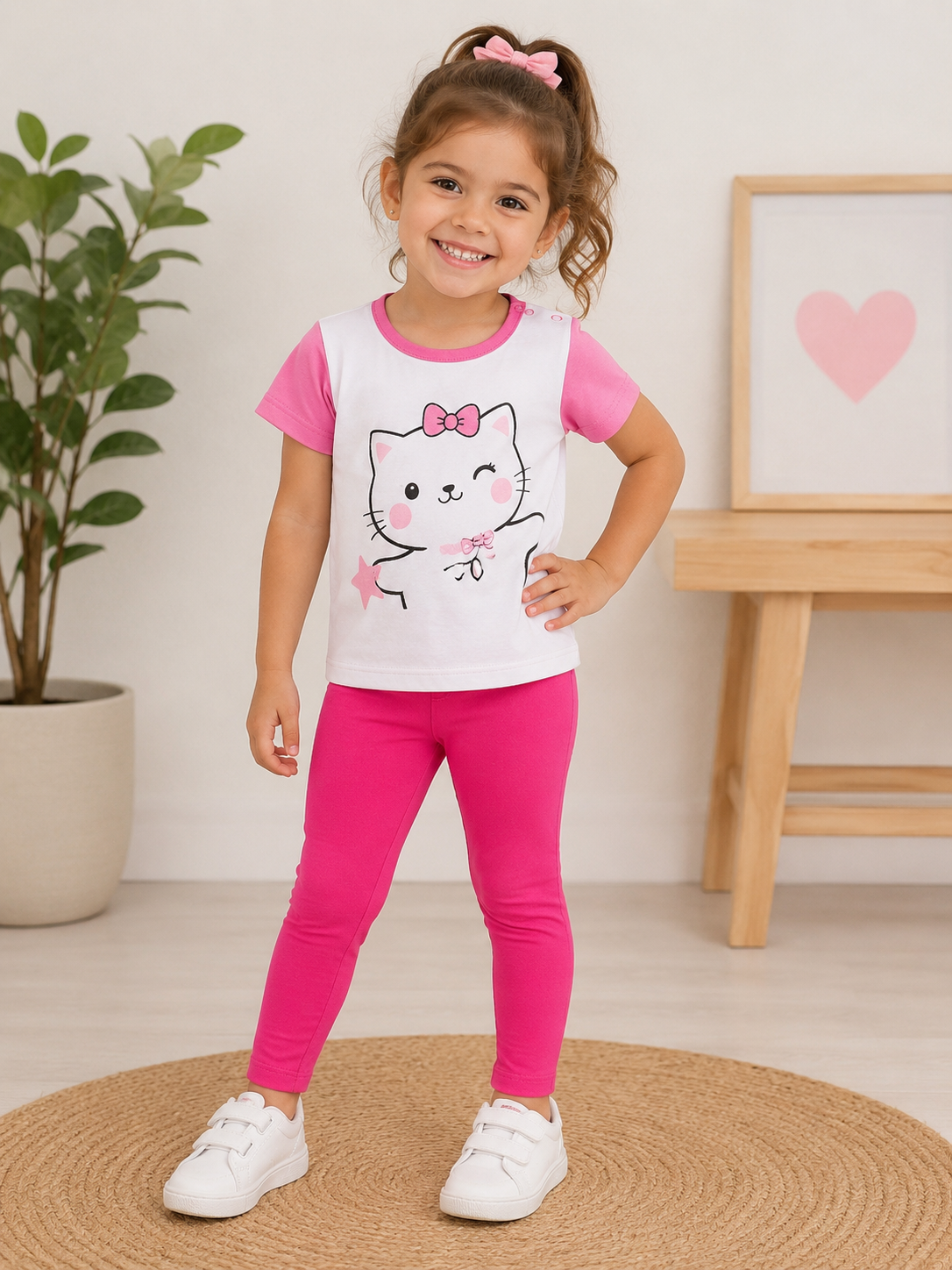 Cute Kitty Girls Legging Set – Pink Tee & Light Pink Leggings Outfit
