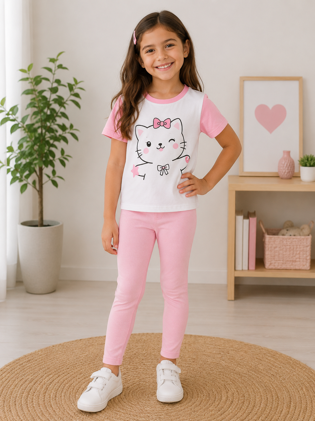 Cute Kitty Girls Legging Set – Pink Tee & Light Pink Leggings Outfit